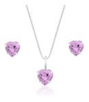 Conjunto Colar 50cm Prata 925 E Par Brincos Coração Zircônia Cor Rosa