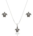 Conjunto Prata 925 Brinco e Colar Tartaruga Prateado 8mm Bali