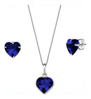 Conjunto Colar Prata 925 + Par Brincos Coração Zircônia Conjunto Cor Azul